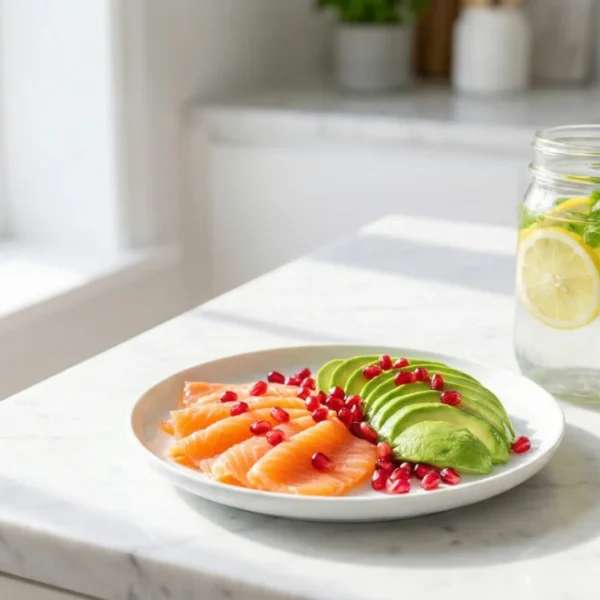 A bright, high-key food photography shot on a polished white marble surface. A white plate in the foreground holds neatly sliced fresh salmon, vibrant green avocado crescents, and bright red pomegranate seeds. To the right, a glass mason jar filled with clear water, lemon slices, and fresh mint sits in direct, soft morning sunlight, casting gentle diagonal shadows across the counter.