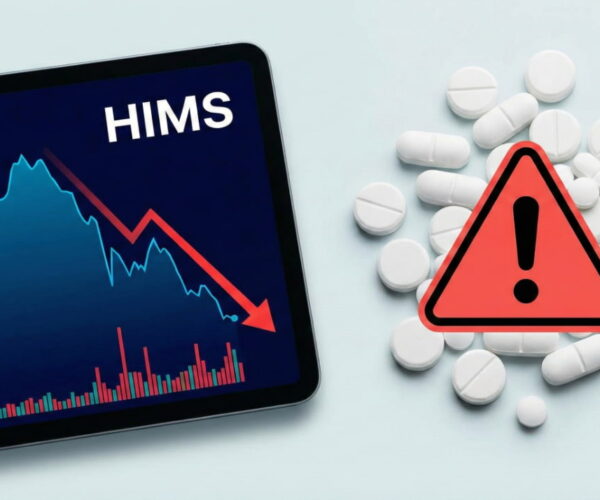 A minimalist flat lay with soft, cool-toned lighting against a pale blue background. On the left, a sleek black tablet displays a plummeting blue financial line chart with a sharp red downward arrow and the bold text "HIMS." On the right, a scattered pile of round white matte tablets is overlaid with a large, vibrant red triangular warning icon containing an exclamation point.