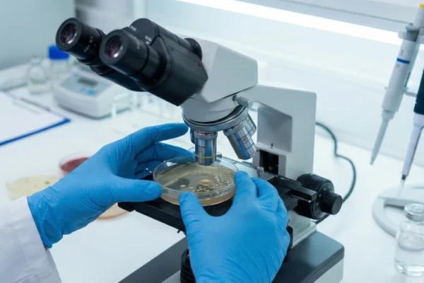 A close-up photograph in a bright clinical laboratory showing hands in blue nitrile gloves carefully placing a petri dish with visible bacterial colonies under the lens of a complex light microscope. Other lab equipment, including pipettes, is in the slightly blurred background.