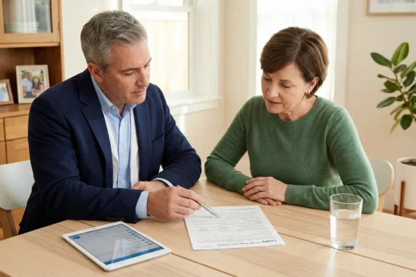 A bright, high-key medium shot of a male physician pointing with a silver pen to a document titled "Lic602 Physician’s Report" on a light wooden table. Soft, diffused daylight illuminates the focused interaction between the doctor and a woman in a green sweater, with a digital tablet and a glass of water visible in the clean, professional composition.