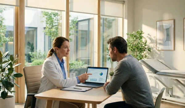 A high-key wide shot of a medical consultation in a sun-drenched, minimalist office. A female doctor in a white lab coat points at a laptop screen displaying colorful pie charts and line graphs. A male patient sits opposite her at a light wood desk, framed by soft natural light from large floor-to-ceiling windows with indoor greenery visible in the background.