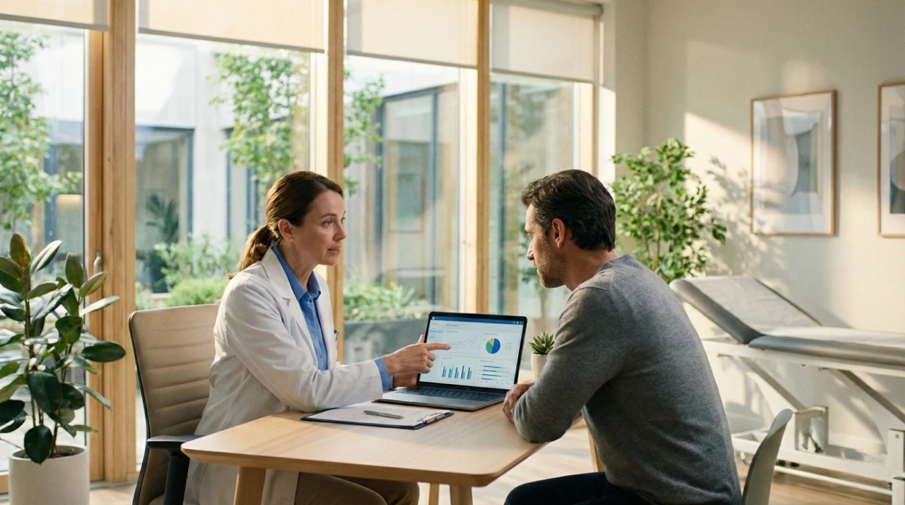 medical-consultation-doctor-monitoring-health-data A high-key wide shot of a medical consultation in a sun-drenched, minimalist office. A female doctor in a white lab coat points at a laptop screen displaying colorful pie charts and line graphs. A male patient sits opposite her at a light wood desk, framed by soft natural light from large floor-to-ceiling windows with indoor greenery visible in the background.