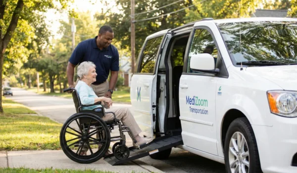 A bright, outdoor side-profile shot of a white modern minivan parked on a sunlit residential street. The vehicle features the "MediZoom Transportation" logo in blue and green text on the front door. An African American driver in a dark polo shirt stands by the open side door, assisting a senior woman in a wheelchair down a black mechanical ramp. The lighting is crisp and clear, emphasizing the clean lines of the vehicle and the professional, helpful interaction.