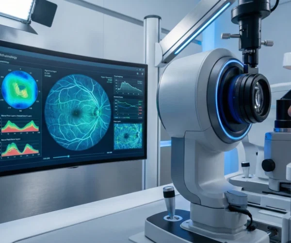 A sleek, futuristic close-up of high-tech ophthalmic equipment in a clinical setting with cool blue LED accents. A large monitor displays intricate digital retinal maps and vascular imaging in vibrant blue and green colors. The side profile of a patient is visible as they engage with the scanner, emphasizing precision and modern diagnostic technology.