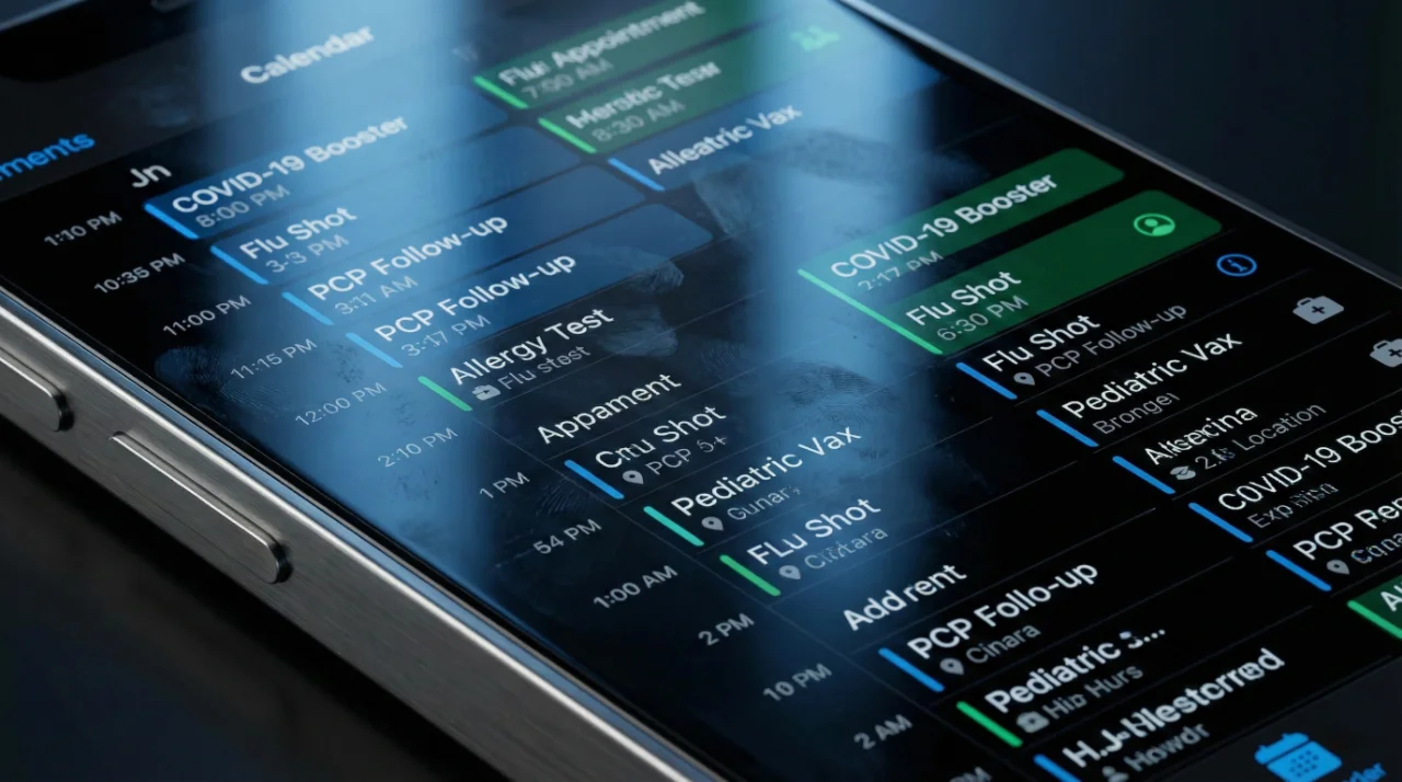 overloaded-vaccine-schedule-smartphone-calendar A close-up photograph of a smartphone screen displaying a cluttered calendar app with dark mode enabled. Numerous appointments for "COVID-19 Booster", "Flu Shot", "PCP Follow-up", and "Pediatric Vax" fill the screen in various colored blocks. Reflections and fingerprints are visible on the glass surface. The angle is low, emphasizing the density of the schedule.