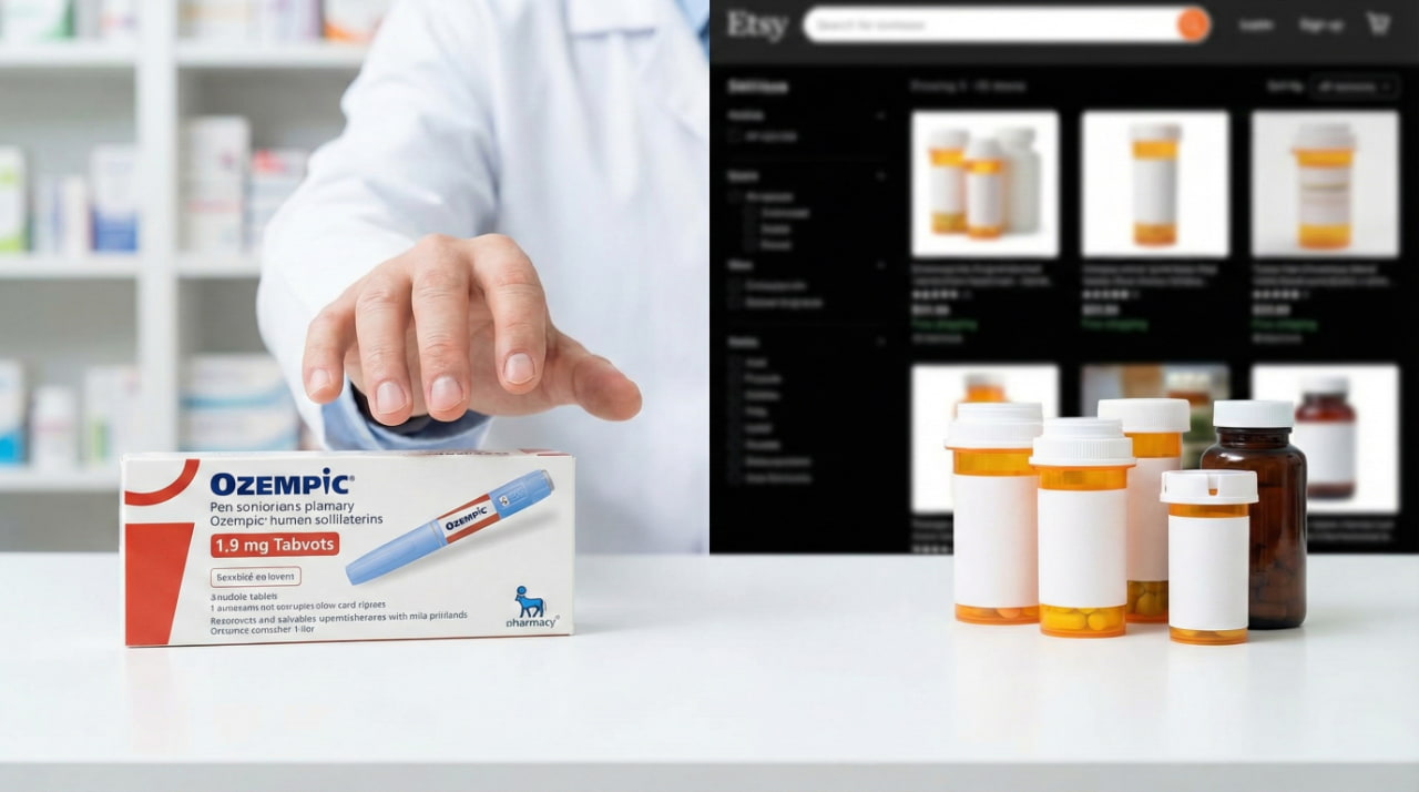 ozempic-pill-for-weight-loss-vs-unregulated-online-market A split-composition image with bright, clinical lighting. The left side shows a close-up of a healthcare professional’s hand reaching for a white and red "Ozempic" medication box on a sterile white counter. The right side features a high-contrast, dark-mode digital interface of an online marketplace displaying various generic pill bottles, highlighting the contrast between regulated and unregulated medicine.