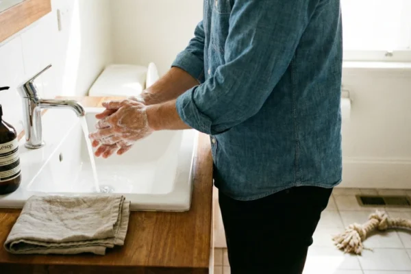A side-view photograph in a brightly lit bathroom showing a person in a denim shirt thoroughly washing their soapy hands under running tap water at a white ceramic sink. A bottle of "Aesop" soap is on the wooden countertop. A rope dog toy rests on the tiled floor in the background.