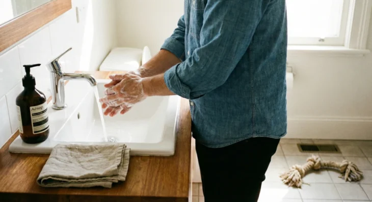 person-washing-hands-bathroom-hygiene-dog-toy A side-view photograph in a brightly lit bathroom showing a person in a denim shirt thoroughly washing their soapy hands under running tap water at a white ceramic sink. A bottle of "Aesop" soap is on the wooden countertop. A rope dog toy rests on the tiled floor in the background.