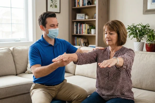 A medium shot in a cozy, bright living room. A male physical therapist wearing a blue polo shirt and a light blue medical mask is kneeling beside an older woman sitting on a light beige sofa. The therapist is gently guiding her arms as she performs a mobility exercise, holding them straight out in front of her. The composition is clean, with a bookshelf and house plants in the background. Natural light from a nearby window creates a calm and professional atmosphere.