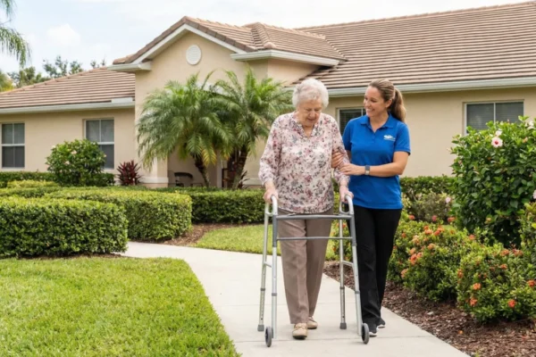A wide, eye-level shot capturing a sun-drenched suburban scene with soft, natural lighting. A paved light-gray walkway curves through a manicured lawn edged with neat hedges and vibrant flowering bushes. In the center, an elderly woman in a floral-patterned blouse and tan trousers is using a silver walker. Beside her, a smiling female caregiver in a bright blue polo shirt—featuring a small, illegible white logo on the chest—and black medical scrubs gently supports her arm. The background shows a beige, single-story residential building with a brown tiled roof and palm trees under a bright, clear sky.