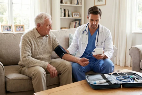 A balanced medium shot of a senior man and a male doctor seated on a beige fabric sofa. The doctor, in blue scrubs and a white coat, holds a digital blood pressure monitor while the cuff is wrapped around the patient's arm. Bright, diffused daylight fills the living room. In the foreground, an open black medical kit sits on a wooden table, revealing a stethoscope and a digital thermometer in sharp focus.