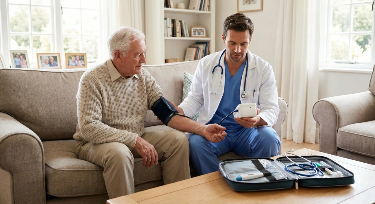 same-day-urgent-care-doctor-for-elderly A balanced medium shot of a senior man and a male doctor seated on a beige fabric sofa. The doctor, in blue scrubs and a white coat, holds a digital blood pressure monitor while the cuff is wrapped around the patient's arm. Bright, diffused daylight fills the living room. In the foreground, an open black medical kit sits on a wooden table, revealing a stethoscope and a digital thermometer in sharp focus.