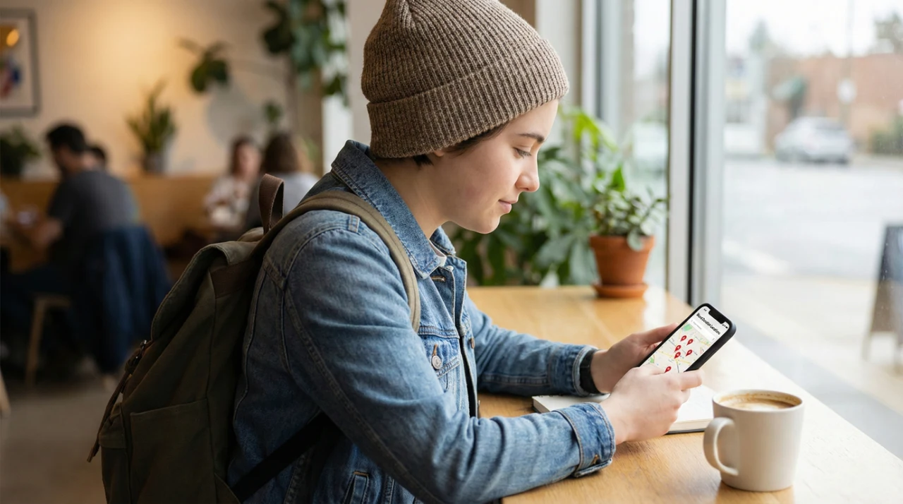 searching-blood-donation-near-me-mobile profile view of a young individual in a denim jacket and knit beanie, seated at a wooden counter inside a bright cafe. Natural light streams in from a large window. The person is focused on a smartphone screen which displays a digital map titled "Blood Donation Locations" with several red location pins scattered across a city grid.