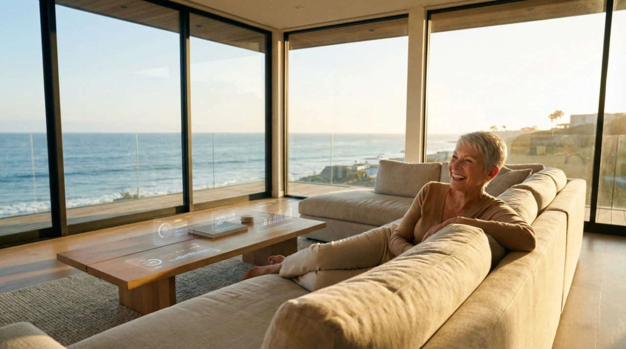 senior-in-home-caregivers-california-aging-in-place-tech A wide-angle landscape view of a minimalist California living room during golden hour. Warm, hazy sunlight streams through floor-to-ceiling windows overlooking the Pacific Ocean. A smiling senior woman with short grey hair relaxes on a plush beige sectional sofa. Floating above a low-profile wooden coffee table are translucent blue holographic interfaces displaying digital health charts and data analytics.