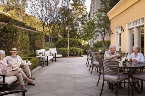 Bright, diffused natural daylight fills a wide-angle outdoor terrace shot. The composition utilizes the leading lines of a stone-tiled floor, transitioning from a cozy lounge area on the left to a dining set on the right. The vibrant yellow Mediterranean architecture is accented by black iron lanterns, set against a lush, multi-layered background of green trees and a sunlit hillside.