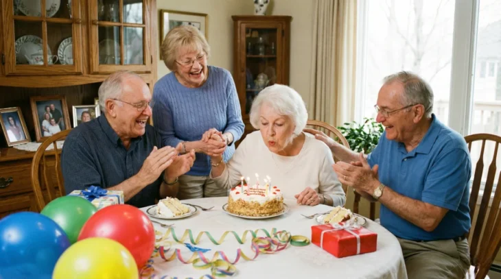 senior-living-social-activities-ventura-county A joyful group composition around a white-clothed dining table. A senior woman in the center leans forward to blow out candles on a frosted cake, surrounded by three friends who are clapping and laughing. Bright, even indoor lighting highlights festive elements like colorful balloons (blue, red, yellow) and curled ribbons scattered on the table. The background features warm wooden furniture and framed pictures, evoking a sense of communal celebration.