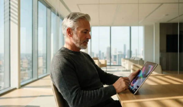 A sunlit, modern office space with floor-to-ceiling windows revealing a blurred city skyline. A mature man with grey hair, wearing a dark sweater, sits at a light wooden table, using a stylus to interact with a tablet that displays a vibrant, swirling abstract graphic of colorful lines. Warm sunlight casts long shadows across the table surface.