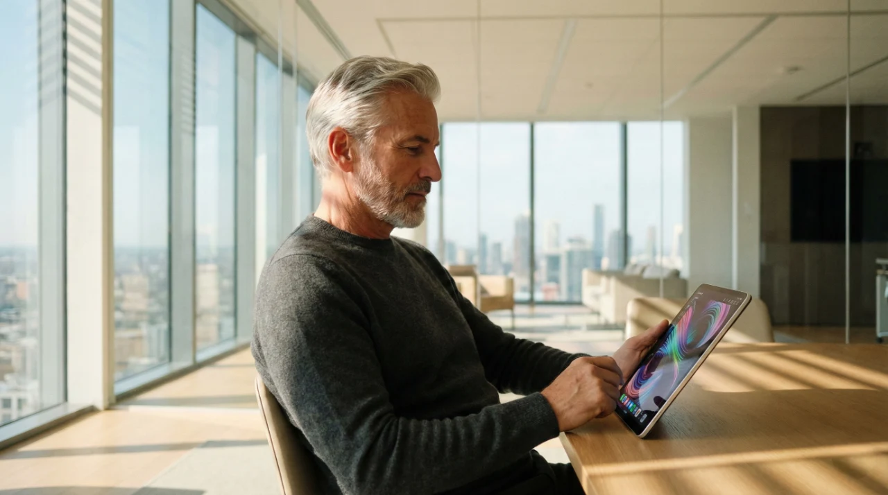 senior-man-engaging-cognitive-training-tablet-modern-sunlit-office A sunlit, modern office space with floor-to-ceiling windows revealing a blurred city skyline. A mature man with grey hair, wearing a dark sweater, sits at a light wooden table, using a stylus to interact with a tablet that displays a vibrant, swirling abstract graphic of colorful lines. Warm sunlight casts long shadows across the table surface.