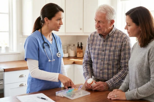 A medium-eye-level shot in a bright kitchen with white cabinetry and wooden countertops. A female medical professional in blue scrubs points toward an open, clear plastic weekly pill organizer. A senior man and his adult daughter look on with focused expressions. Soft, natural light from a side window illuminates the scene, catching the texture of the man’s plaid shirt and the medical chart resting on the counter.