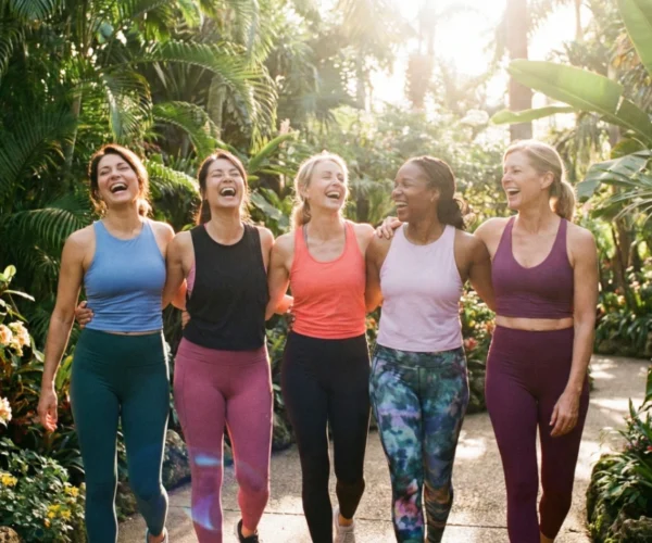 A wide-angle group portrait of five diverse women in colorful athletic wear, walking arm-in-arm toward the camera through a lush, sunlit tropical botanical garden. The composition is balanced and energetic, capturing genuine laughter and social bonding. High-key natural lighting filters through dense palm leaves, creating a bright atmosphere with soft, warm lens flares.