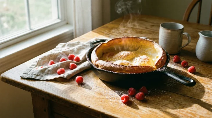 sunrose-california-eatery-brunch-dutch-baby-pancake A steaming Dutch Baby pancake in a black cast iron skillet sits on a rustic oak table bathed in soft, natural morning window light. The composition features scattered fresh raspberries and a fine dusting of powdered sugar, with delicate wisps of steam rising into the sun rays, creating a cozy, authentic atmosphere.