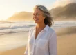 A high-resolution lifestyle photograph featuring a smiling woman with flowing gray hair, captured in a medium shot against a sun-drenched beach background. The composition utilizes golden hour backlighting that creates a warm, ethereal glow around her white linen shirt and hair. In the background, soft-focus ocean waves and misty mountain silhouettes are visible under a bright, hazy sky.