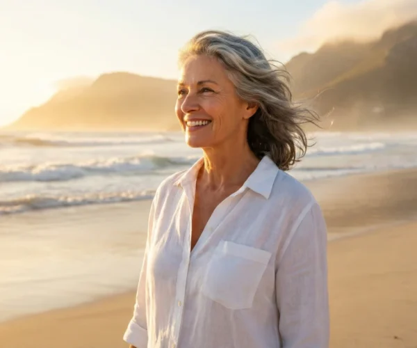 A high-resolution lifestyle photograph featuring a smiling woman with flowing gray hair, captured in a medium shot against a sun-drenched beach background. The composition utilizes golden hour backlighting that creates a warm, ethereal glow around her white linen shirt and hair. In the background, soft-focus ocean waves and misty mountain silhouettes are visible under a bright, hazy sky.