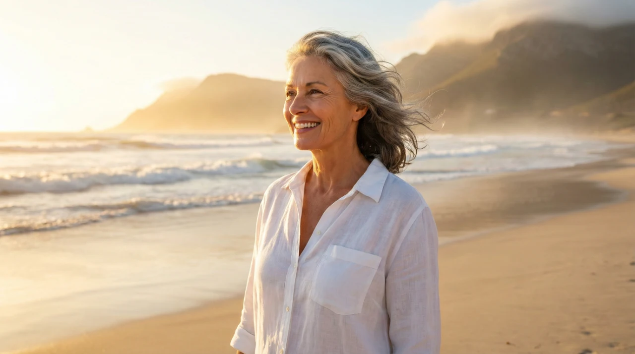 women-cardiac-health-active-longevity-beach A high-resolution lifestyle photograph featuring a smiling woman with flowing gray hair, captured in a medium shot against a sun-drenched beach background. The composition utilizes golden hour backlighting that creates a warm, ethereal glow around her white linen shirt and hair. In the background, soft-focus ocean waves and misty mountain silhouettes are visible under a bright, hazy sky.
