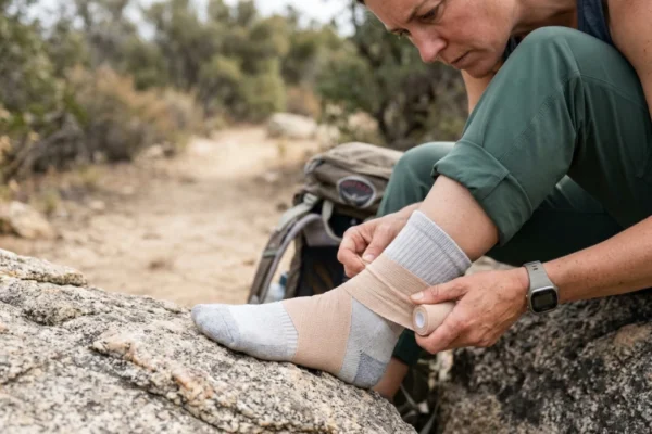 A high-detail, close-up photograph of a hiker sitting on a granite boulder on a dusty trail, focused on the application of a beige compression bandage. The hands are precisely wrapping the bandage over a grey wool hiking sock on the right ankle. Natural, bright daylight illuminates the scene, creating a sharp focus on the texture of the bandage and the skin. The background shows a blurred trail and green brush (bokeh effect). A digital sports watch is visible on the hiker's wrist.
