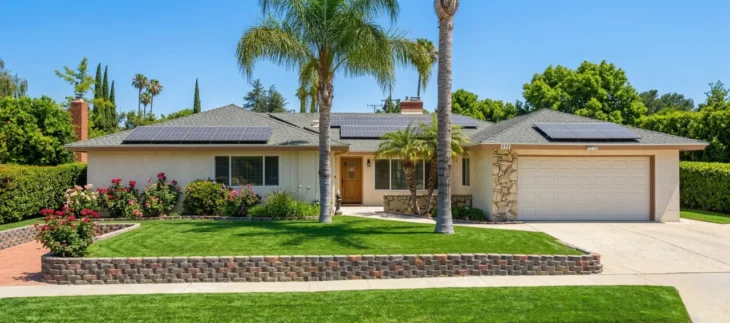colony-thousand-oaks-sidlee-west-exterior-senior-living A wide-angle, bright exterior photograph of a single-story ranch-style house under a clear blue sky. The building features a tan facade, solar panels on a grey roof, and a white garage door with the number "171" clearly visible. The foreground shows a lush green lawn bordered by a tiered stone wall and blooming pink rose bushes, with two tall palm trees flanking the entrance.