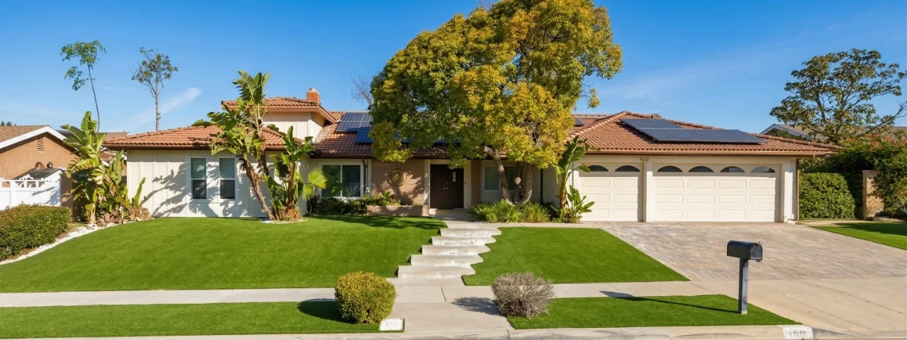 A wide, eye-level exterior shot of a single-story ranch-style house under a clear blue sky. The building features a terracotta tile roof with solar panels, cream-colored siding, and a large, leafy green tree in the center of a manicured lawn. Concrete steps lead to a dark front door, and the address number "189" is clearly visible on the curb and steps. Bright, even daylight creates soft shadows.
