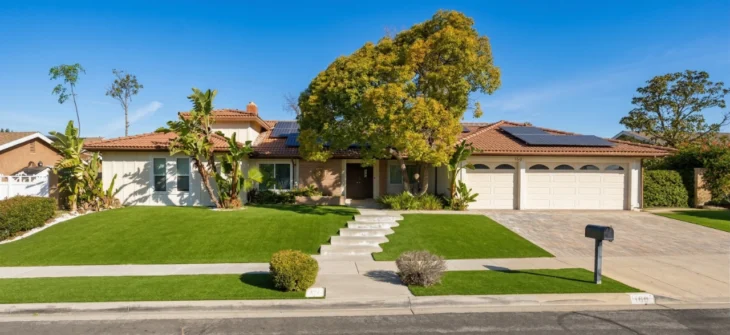 A wide, eye-level exterior shot of a single-story ranch-style house under a clear blue sky. The building features a terracotta tile roof with solar panels, cream-colored siding, and a large, leafy green tree in the center of a manicured lawn. Concrete steps lead to a dark front door, and the address number "189" is clearly visible on the curb and steps. Bright, even daylight creates soft shadows.
