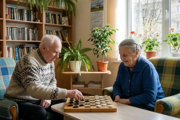 A cozy interior shot of an elderly man and woman sitting in patterned plaid armchairs, playing checkers on a wooden table. The room is filled with soft, natural light from a large window decorated with potted plants.