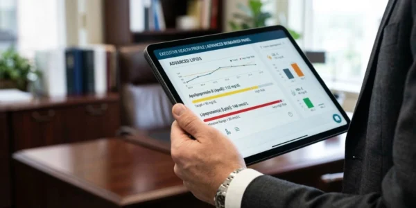 A close-up shot focused on a tablet held by a professional in a suit. The composition uses a shallow depth of field, blurring a dark wood office background. The screen is illuminated with a clean, high-contrast "EXECUTIVE HEALTH PROFILE" dashboard, displaying specific medical text such as "Apolipoprotein B (ApoB): 112 mg/dL" and "Lp(a): 148 nmol/L" alongside colorful data charts. Natural, soft light reflects gently off the screen surface.