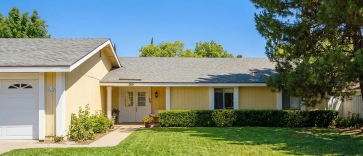 exterior-ramble-ridge-drive-assisted-housing-for-seniors-street A frontal perspective, brightly lit photograph of a single-story suburban house under a clear blue sky. The house features pale yellow horizontal siding, white trim, and a grey shingle roof. On the left, a white panel garage door is visible. A central concrete path leads to a pair of white double doors with small glass panes and a glass transom. The numbers '389' are clearly and sharply rendered on the glass transom above the doors. A low, manicured green hedge lines the foundation. A large lawn of green grass occupies the foreground, framed by a slender birch tree and a massive, dense pine tree on the right. Strong, direct daylight illuminates the scene, creating defined shadows. Google Street View interface elements are visible at the periphery of the image capture.