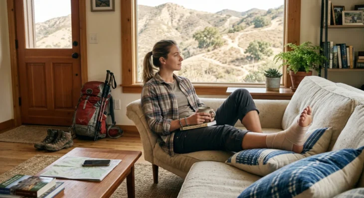hiking-injury-home-recovery-agoura-hills-peace-protocol A photorealistic mid-shot of a female hiker in a plaid shirt resting on a beige sofa in a sunlit Agoura Hills home. Her right ankle is professionally wrapped in a tan elastic bandage and elevated on a blue patterned pillow. She gazes out a large window at a dry, hilly landscape. Soft, natural morning light fills the room. On her lap, a book titled "Malibu Creek State Park Trails" is visible. A red Osprey backpack and muddy hiking boots sit on the hardwood floor in the background.