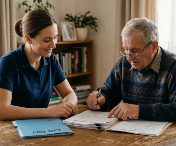A medium-shot photograph taken with a shallow depth of field, showing a younger female caregiver in a navy polo shirt and an elderly man in a sweater seated at a wooden table. The scene is illuminated by soft, natural light coming from a nearby window, creating a warm and professional atmosphere. The composition centers on a stack of documents; on the table sits a prominent blue folder clearly labeled "LIC 602" in black text. The man is pointing a pen at a paper titled "LIC 602 - Resident Appraisal CARE PLAN." The background is softly blurred, showing a home-like setting with a bookshelf.