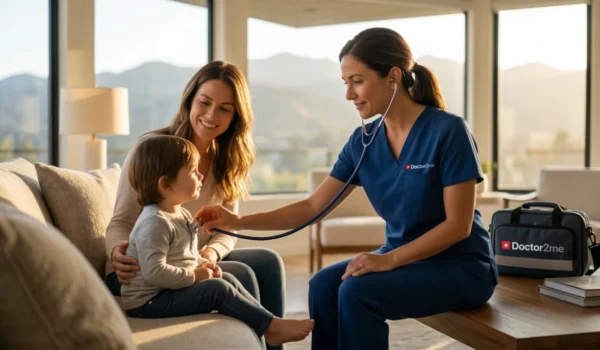 A cinematic, high-end medical photograph with a warm, sun-drenched palette. The composition uses a shallow depth of field to focus on a female doctor in navy blue scrubs examining a toddler on a beige sofa. Natural golden hour light streams through large floor-to-ceiling windows, creating a soft rim-light effect on the subjects. The background shows a blurred, scenic view of the Agoura Hills mountains. The "Doctor2me" logo, featuring white sans-serif text and a small red cross icon, is clearly visible on the doctor’s left chest and on a professional medical bag placed on the wooden coffee table in the foreground.