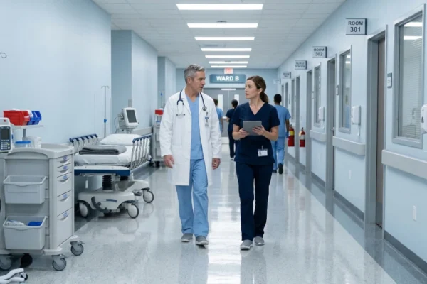 A wide, symmetrical shot of a bright hospital corridor with cool-toned overhead fluorescent lighting reflecting off polished gray floors. Two medical professionals—a man in a white lab coat with a stethoscope and a woman in navy scrubs holding a digital tablet—are walking and talking. The walls feature clear signage including "ROOM 301", "ROOM 302", and "WARD B". The composition uses strong linear perspective, leading the eye down the clean, high-tech hallway.