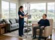 A wide-angle interior shot of a sun-drenched living room with large windows overlooking the Newbury Park hills. A medical professional in navy blue scrubs adjusts a chrome IV pole equipped with medical fluids, while a man sits comfortably in a beige armchair. The composition is airy and bright, emphasizing a professional "concierge medicine" setup at home.