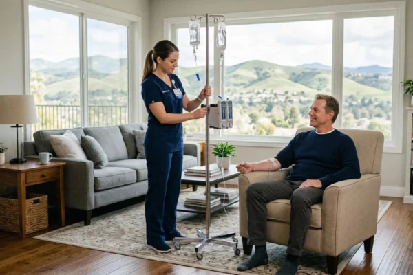 A wide-angle interior shot of a sun-drenched living room with large windows overlooking the Newbury Park hills. A medical professional in navy blue scrubs adjusts a chrome IV pole equipped with medical fluids, while a man sits comfortably in a beige armchair. The composition is airy and bright, emphasizing a professional "concierge medicine" setup at home.