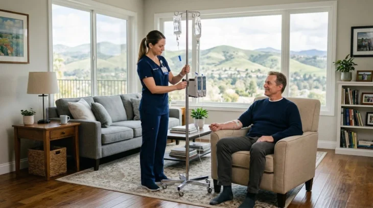 mobile-iv-hydration-newbury-park-home-service A wide-angle interior shot of a sun-drenched living room with large windows overlooking the Newbury Park hills. A medical professional in navy blue scrubs adjusts a chrome IV pole equipped with medical fluids, while a man sits comfortably in a beige armchair. The composition is airy and bright, emphasizing a professional "concierge medicine" setup at home.