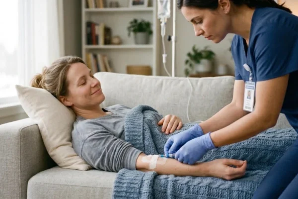 A medium shot capturing a smiling woman resting on a gray sofa under a blue knit blanket. A nurse in navy scrubs leans over to carefully secure an IV line on the patient's arm with professional tape. The lighting is soft and diffused, creating a calm atmosphere for home-based medical recovery.