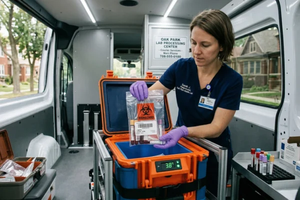 A bright, medium-wide interior shot of a medical transport van with integrated LED strip lighting. A female specialist in blue scrubs holds a biohazard bag containing test tubes over an orange refrigerated medical cooler displaying "3.8°C" on a green digital screen. A white sign in the background reads "OAK PARK LAB PROCESSING CENTER" with a local 708 area code phone number.