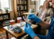 mobile-phlebotomy-services-senior-home-care-oak-park. Alt-text: An over-the-shoulder shot focusing on a phlebotomist's hands in blue nitrile gloves applying a printed barcode label to a blood collection tube. In the background, a senior woman sits relaxed in an armchair in a cozy, warm-lit living room with bookshelves. A small portable thermal printer and medical supplies are arranged neatly on a wooden coffee table.