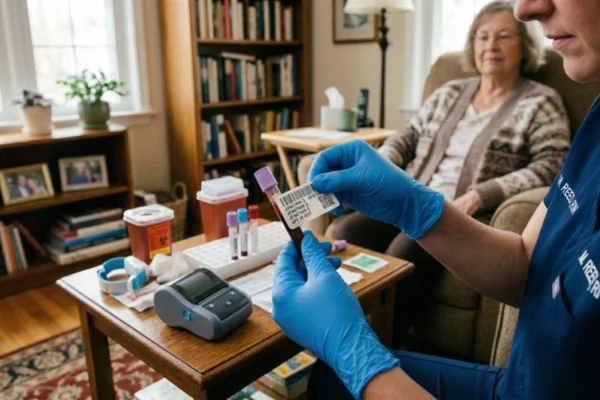 mobile-phlebotomy-services-senior-home-care-oak-park. Alt-text: An over-the-shoulder shot focusing on a phlebotomist's hands in blue nitrile gloves applying a printed barcode label to a blood collection tube. In the background, a senior woman sits relaxed in an armchair in a cozy, warm-lit living room with bookshelves. A small portable thermal printer and medical supplies are arranged neatly on a wooden coffee table.