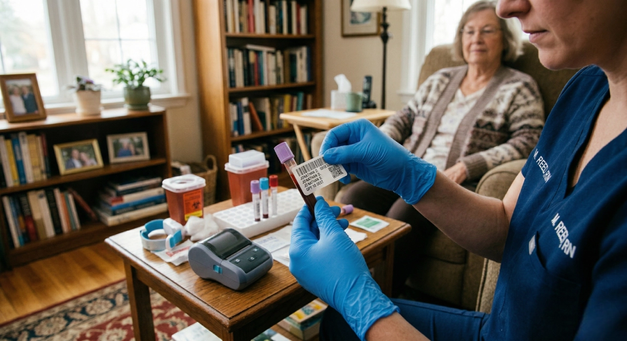 mobile-phlebotomy-services-senior-home-care-oak-park. mobile-phlebotomy-services-senior-home-care-oak-park. Alt-text: An over-the-shoulder shot focusing on a phlebotomist's hands in blue nitrile gloves applying a printed barcode label to a blood collection tube. In the background, a senior woman sits relaxed in an armchair in a cozy, warm-lit living room with bookshelves. A small portable thermal printer and medical supplies are arranged neatly on a wooden coffee table.