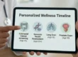 A focused close-up photo shows two sets of hands holding a tablet. The screen displays a clear infographic titled "Personalized Wellness Timeline". Below the title, four circular, labeled icons are arranged horizontally: a schematic colon (labeled "Colorectal Cancer screening (Age 45)"), a DNA double helix and Petri dish ("Genomic Health Assessment (Age 35+)"), a set of lungs ("Lung Scan (Age 50)"), and a bladder/prostate schematic with a lesion ("Prostate Exam (Age 50)"). A doctor's left hand in a white coat points at the colorectal screening icon. The background is a gently blurred clinic environment under soft, even light.