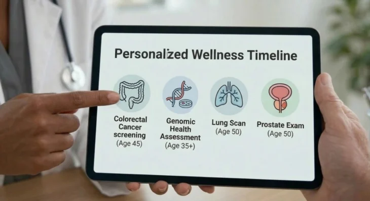 A focused close-up photo shows two sets of hands holding a tablet. The screen displays a clear infographic titled "Personalized Wellness Timeline". Below the title, four circular, labeled icons are arranged horizontally: a schematic colon (labeled "Colorectal Cancer screening (Age 45)"), a DNA double helix and Petri dish ("Genomic Health Assessment (Age 35+)"), a set of lungs ("Lung Scan (Age 50)"), and a bladder/prostate schematic with a lesion ("Prostate Exam (Age 50)"). A doctor's left hand in a white coat points at the colorectal screening icon. The background is a gently blurred clinic environment under soft, even light.