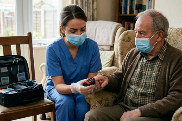 A healthcare professional in blue scrubs and a blue surgical mask uses a pulse oximeter on a senior man's finger. The patient is also wearing a mask and sitting in a floral armchair. A black medical bag is open on a wooden chair nearby. The scene is shot with soft, diffused indoor lighting in a realistic home setting.